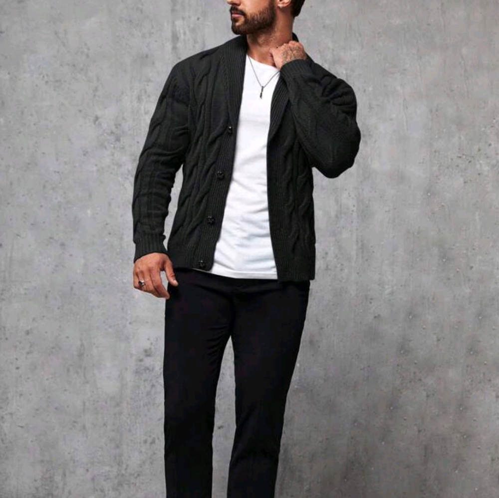 Men Shawl Collar Cable Knit Cardigan - Picture 6 of 6